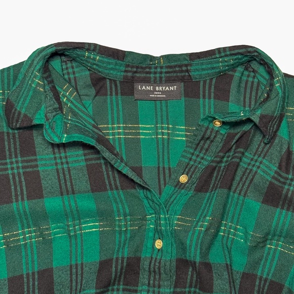 Lane Bryant Plaid Tie-Waist Button Down Tunic Top Green Gold Shimmer 22/24 Soft - Picture 11 of 16